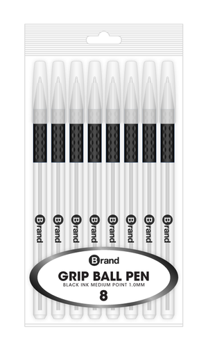 8 Ct. Black Ink Stick Pen, Cushion Grip body, Poly Pack