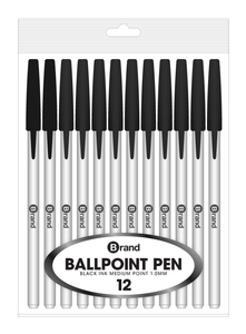 12 Ct. Black Ink Stick Pen, White body, Poly Pack
