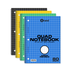 80 Ct. 10-1/2 x 8 Inch, Quad-Ruled 4-1" Spiral Notebook College Ruled