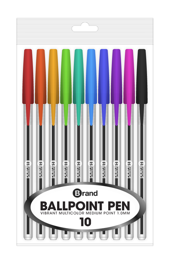 10 Ct. Neon Ink Stick Pen, transparent body, Poly Pack