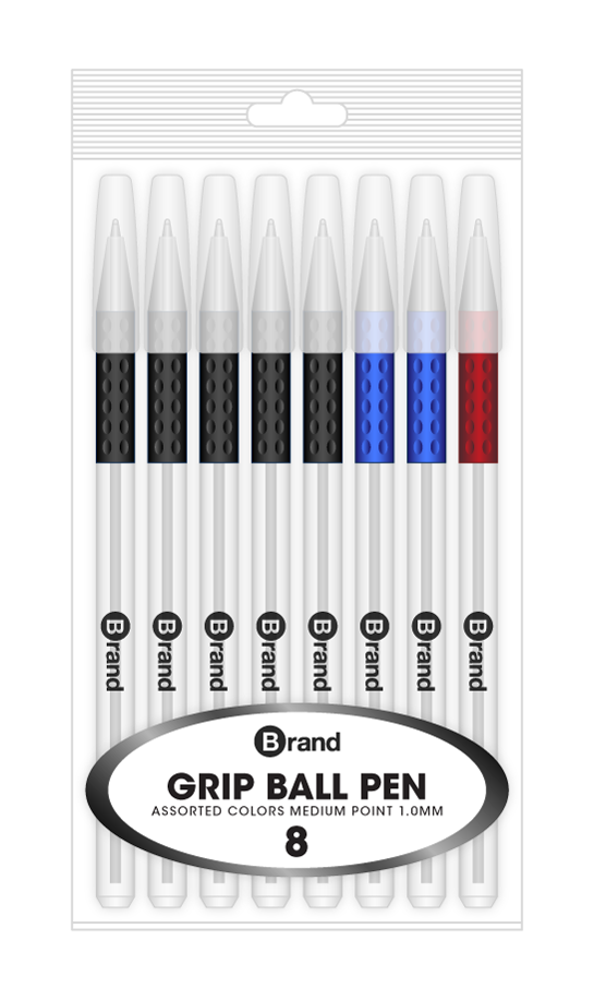 8 Ct. Asst. Color Ink Stick Pen, Cushion Grip body, Poly Pack