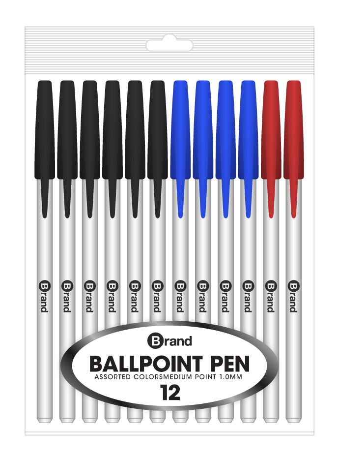 12 Ct. Asst. Color Ink White body Stick Pen, White body, Poly Pack