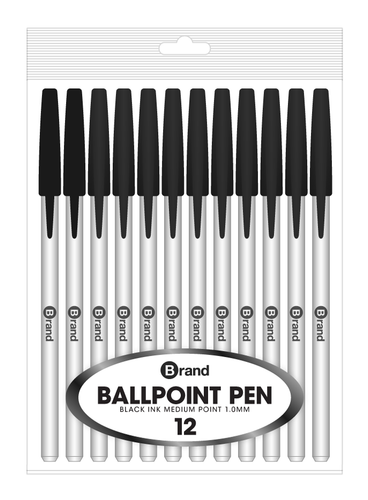 12 Ct. Black Ink Stick Pen, White body, Poly Pack