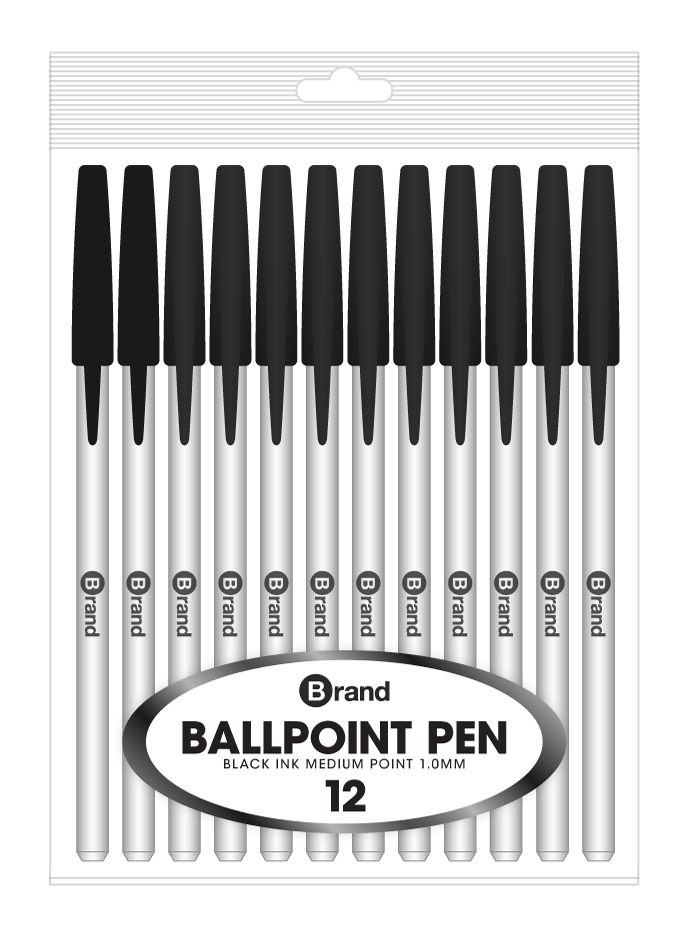 12 Ct. Black Ink Stick Pen, White body, Poly Pack