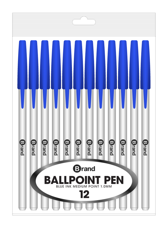 12 Ct. Blue Ink Stick Pen, White body, Poly Pack