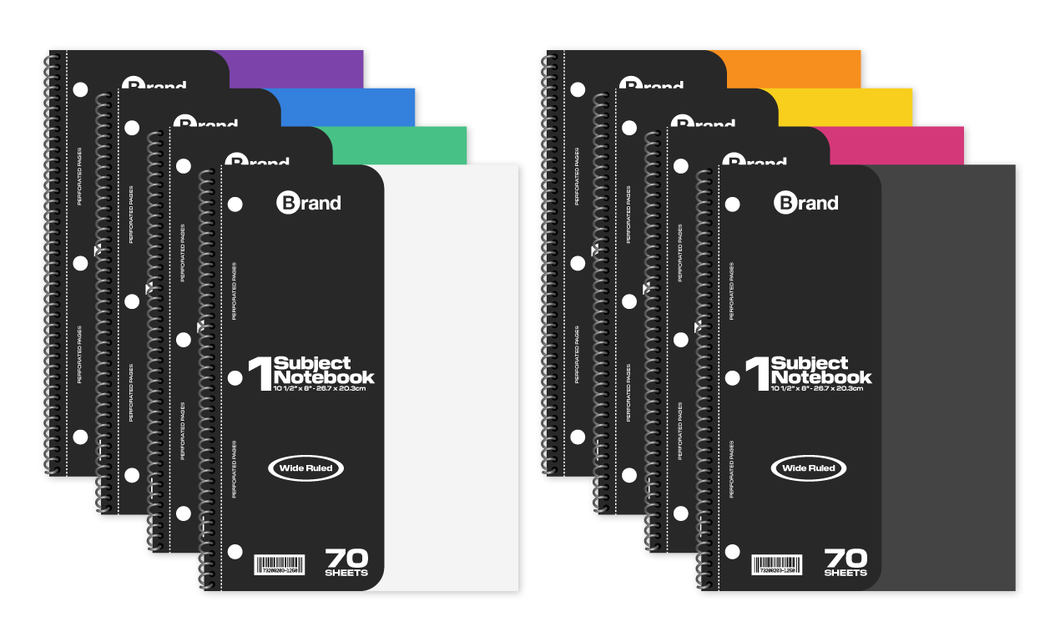 70 Ct. 10-1/2 x 8 Inch, 1-Subject Poly Cover Spiral Notebook Wide Ruled