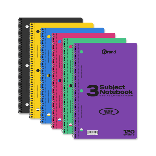 120 Ct. 9-1/2 X 5-3/4 inch, 3-Subject Spiral Notebook College Ruled