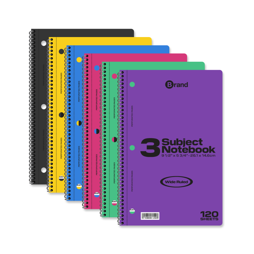 120 Ct. 9-1/2 x 5-3/4 inch, 3-Subject Spiral Notebook Wide Ruled