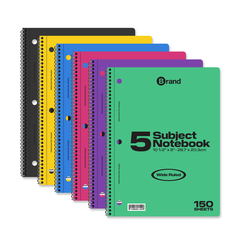 150 Ct. 10-1/2 x 8 Inch, 5-Subject Spiral Notebook Wide Ruled