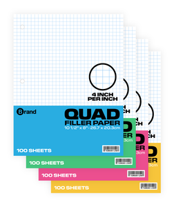 100 Ct. 10-1/2 x 8 inch, 4-1" Filler Paper Quad Ruled